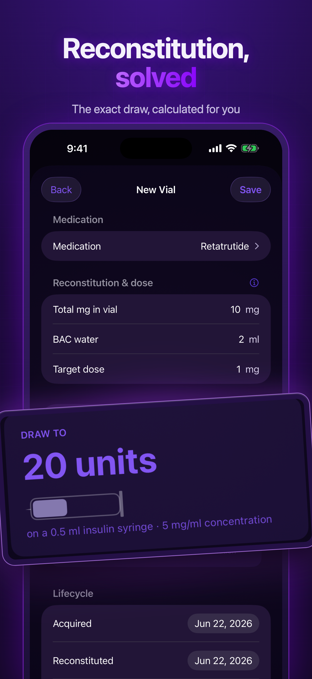 Vialed reconstitution calculator showing the exact draw — &ldquo;draw to 20 units&rdquo; for a precise dose