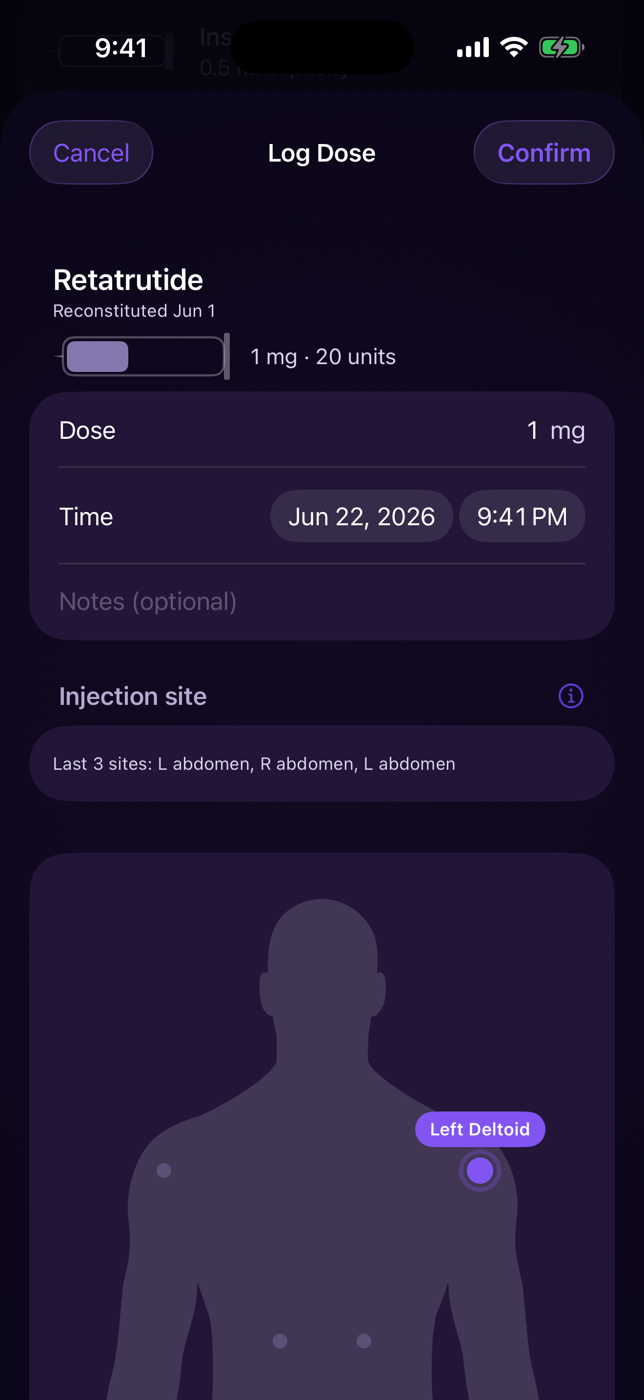 Log dose screen with a body map for selecting the injection site alongside the dose entry form