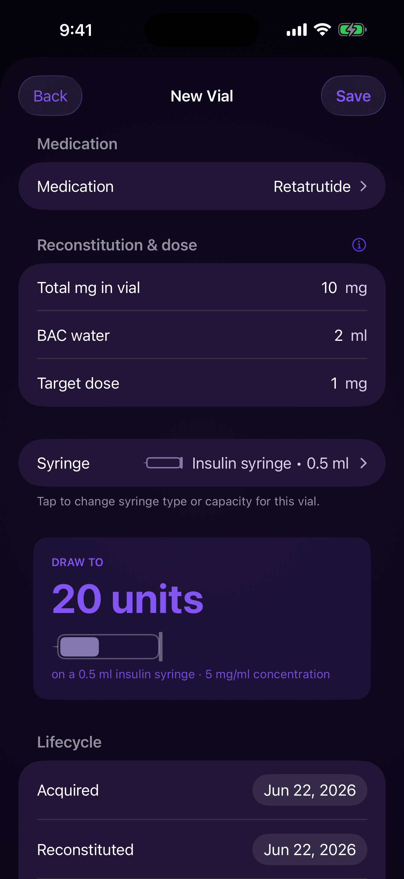 Vial detail screen showing the reconstitution calculator with vial size, bacteriostatic water, and syringe units per dose