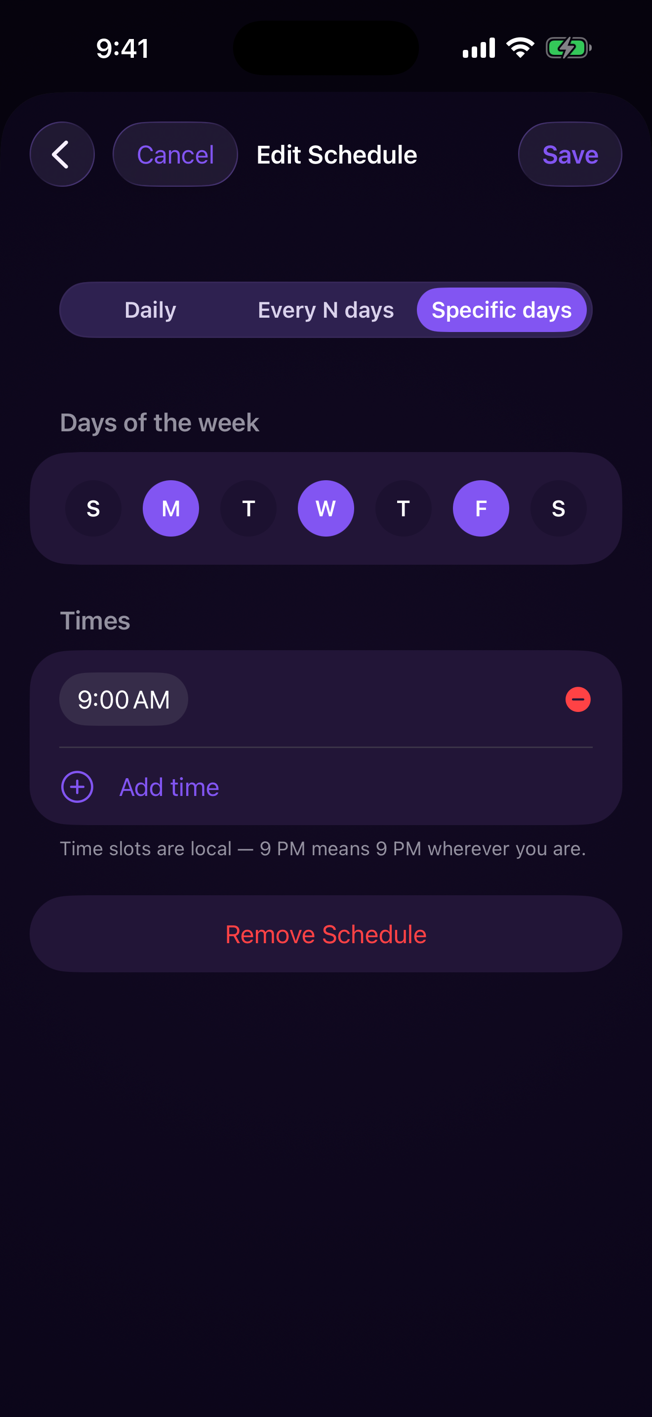 Edit schedule screen for setting per-compound dosing frequency and reminder times