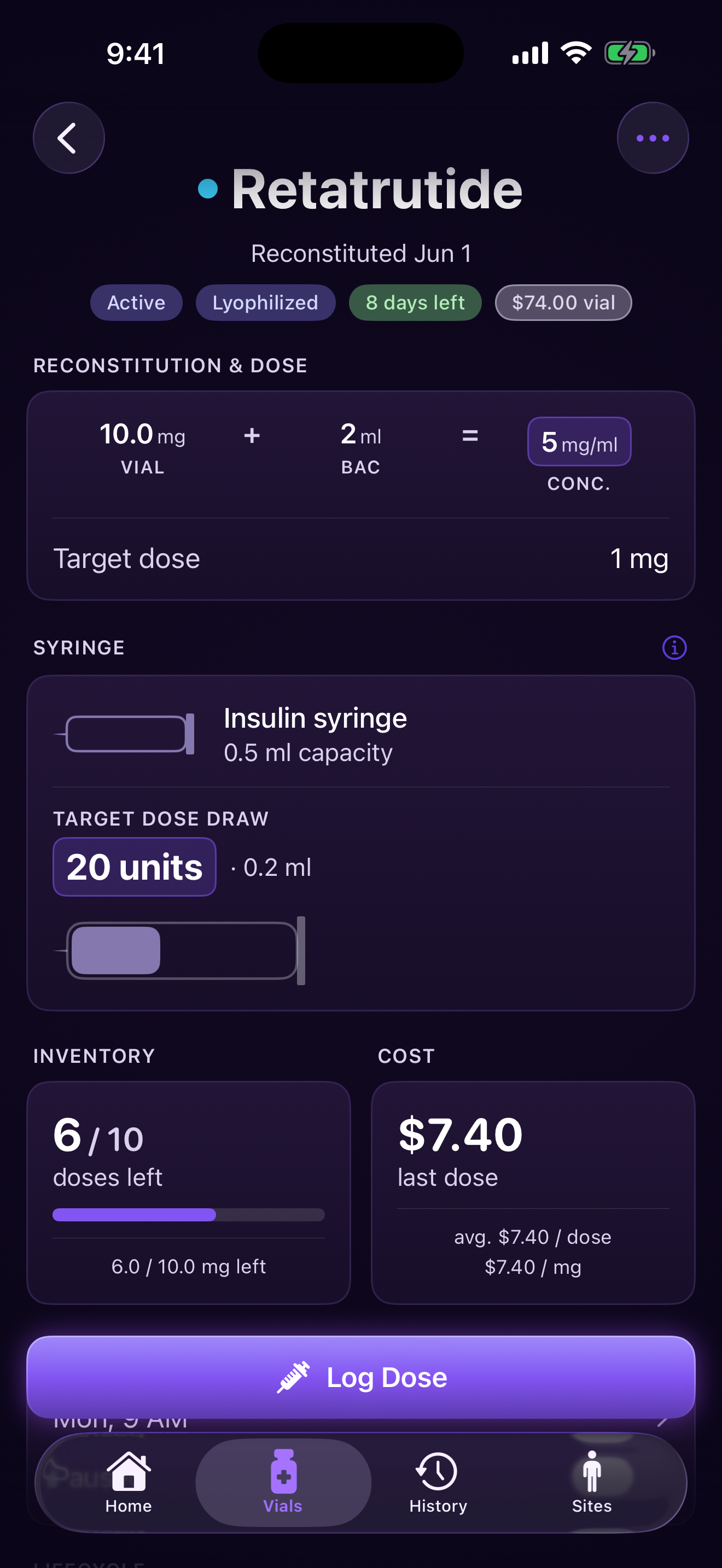 Vial detail screen showing cost per dose, lifecycle, and dosing schedule for an active vial