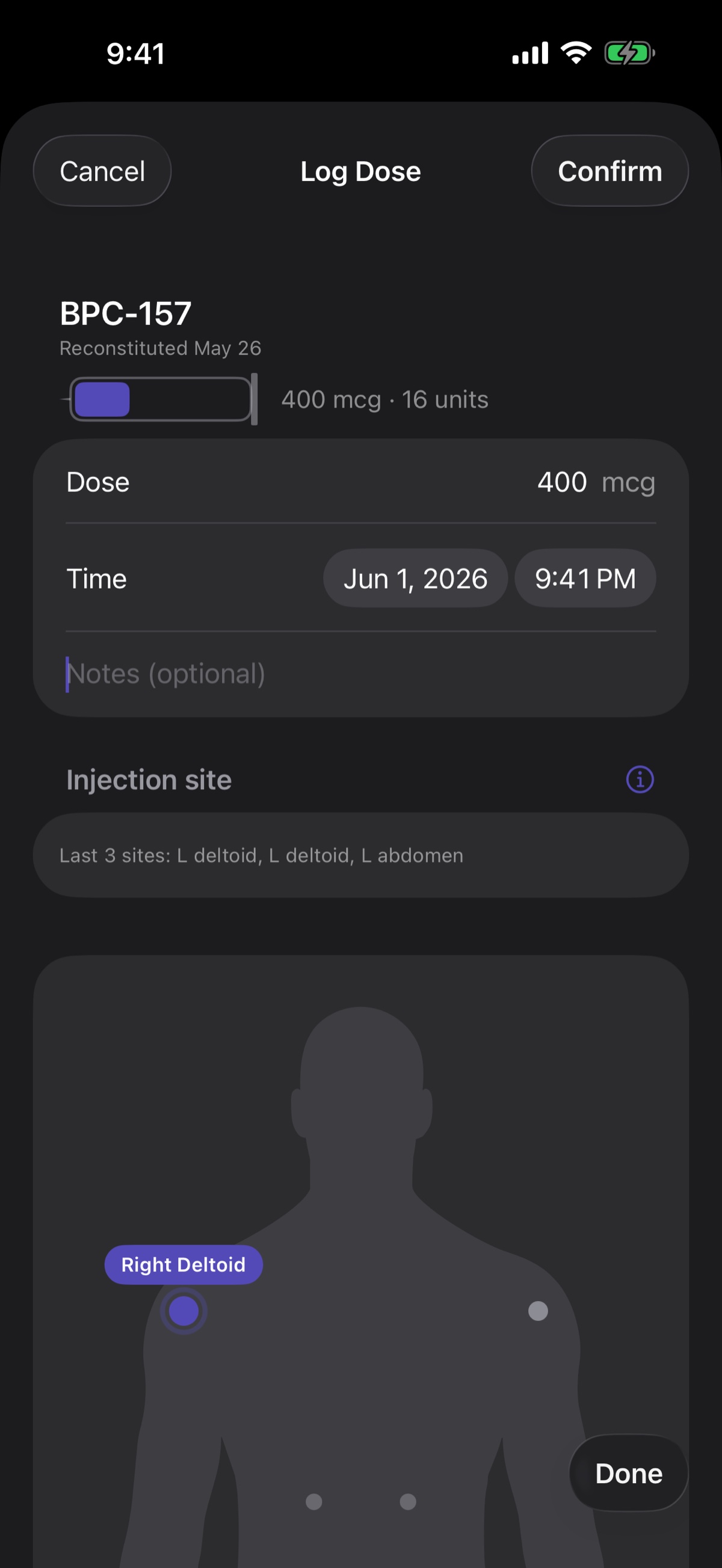 Log dose screen with a body map for selecting the injection site alongside the dose entry form