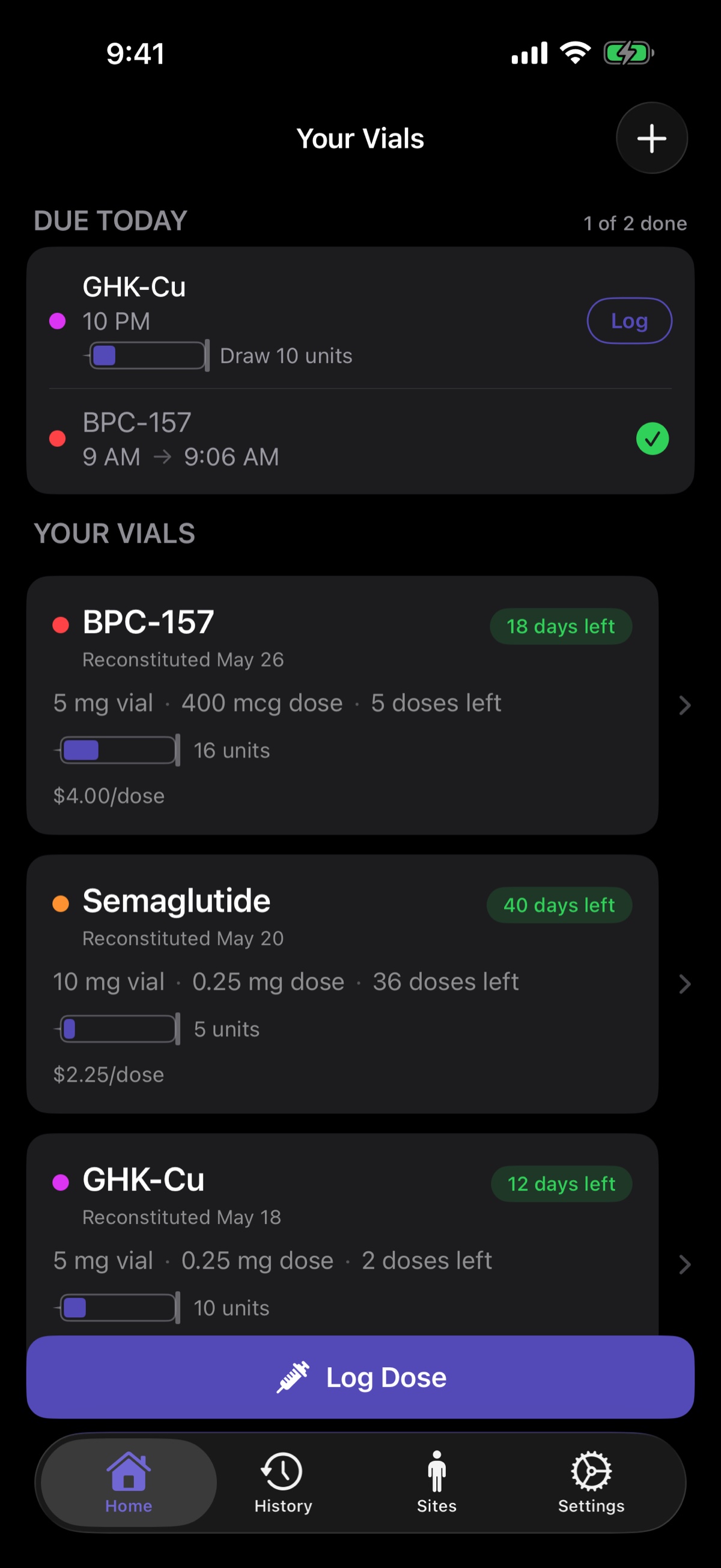 Vialed home dashboard showing doses due today and a list of active vials with doses remaining