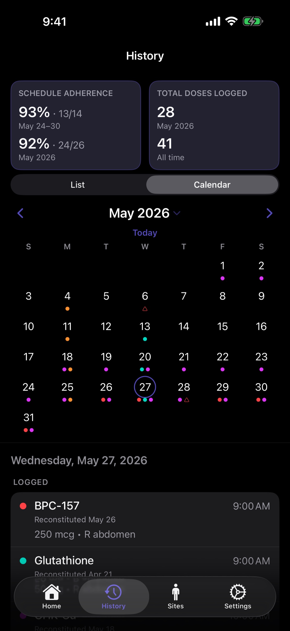 Adherence calendar showing logged doses across multiple compounds with colored dots and triangle markers