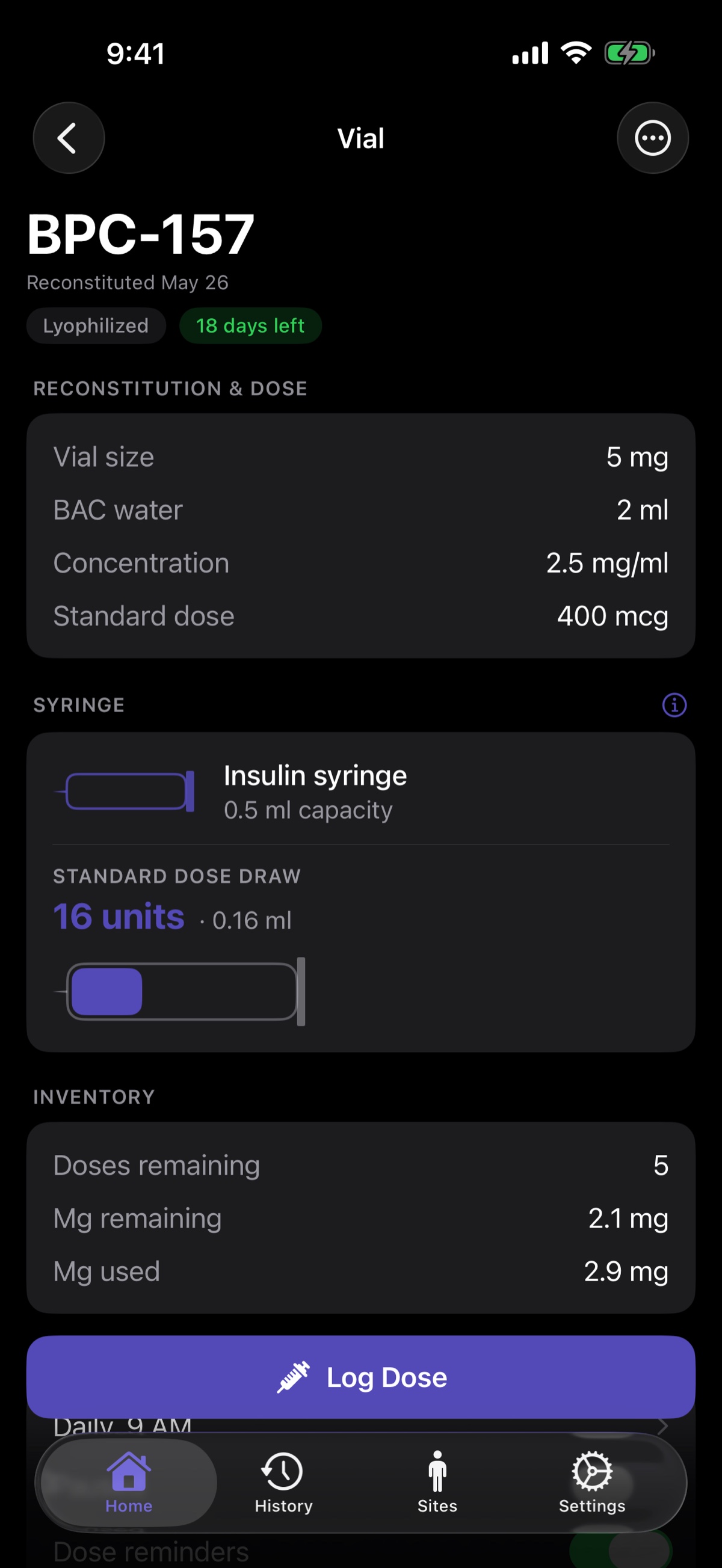 Vial detail screen for BPC-157 showing the reconstitution calculator with vial size, bacteriostatic water, and syringe units per dose