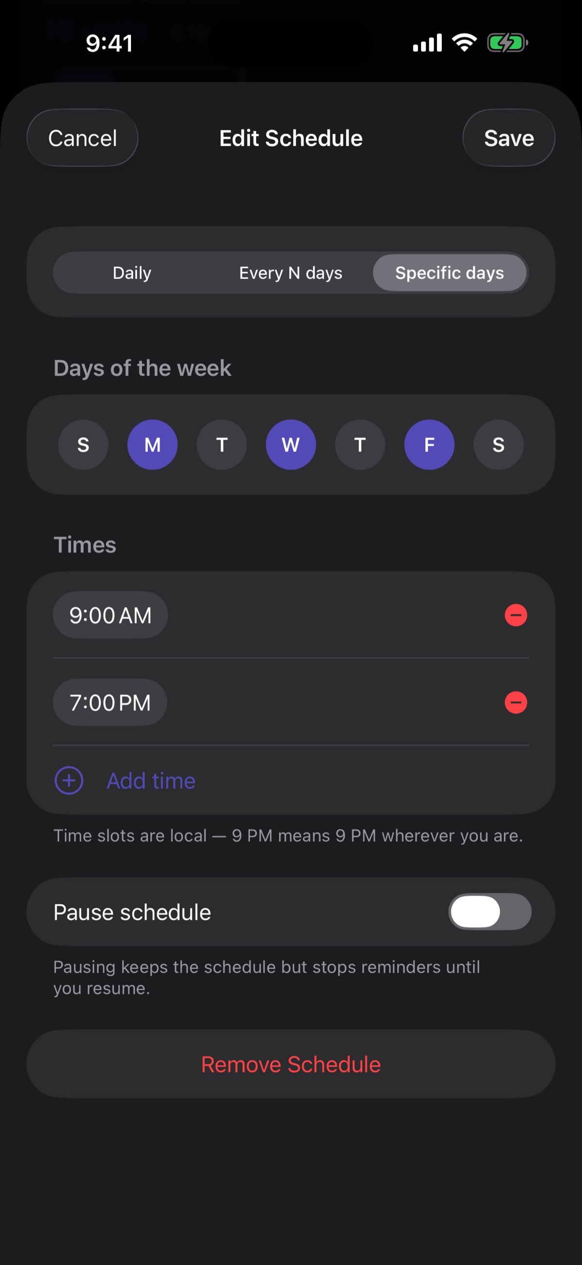 Edit schedule screen for setting per-compound dosing frequency and reminder times