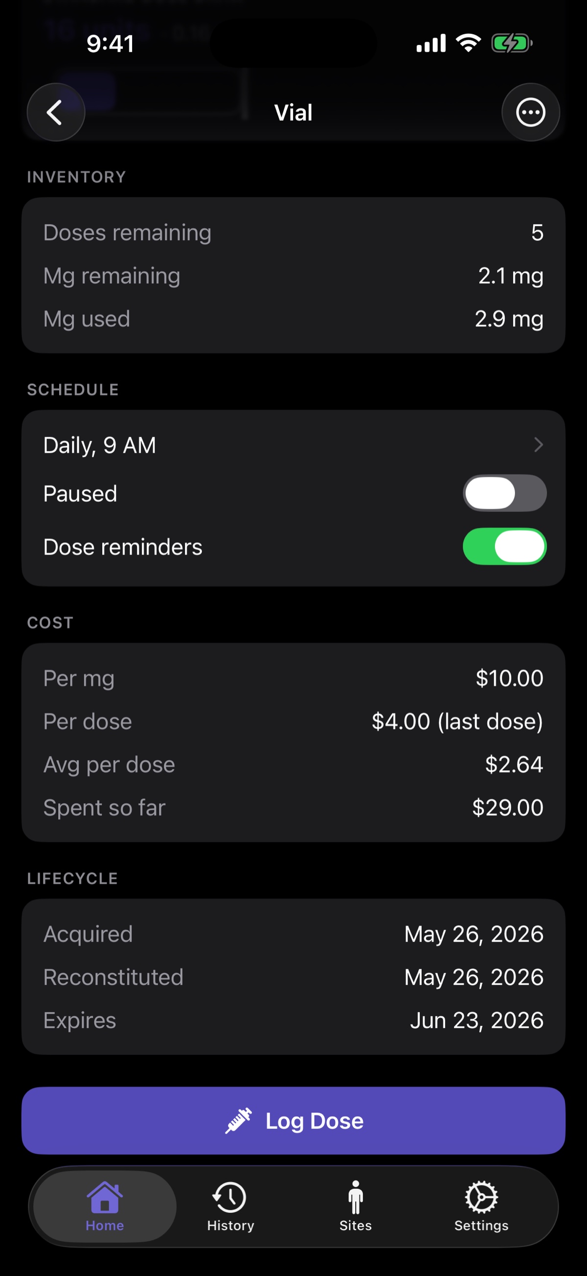 Vial detail screen showing cost per dose, lifecycle, and dosing schedule for an active vial
